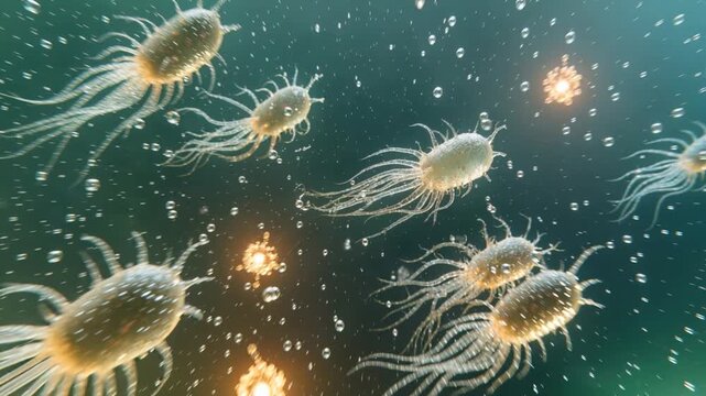 Extreme closeup of translucent alien microbe with flagella in bubbly aquatic setting, animation zooms out revealing swarm of identical microbes