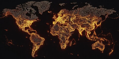 World map lit with orange and gold lines on a dark background, highlighting regions