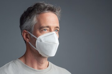 Calm portrait of a masked adult with a white N95 mask, head turned 45 degrees to the right