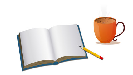 Vector illustration of an open blank book with a pencil and a steaming cup of coffee. Simple flat design on transparent background representing education, storytelling, and morning creativity
