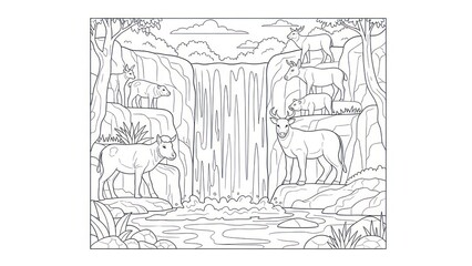 Fototapeta premium Black and white illustration of cattle near a waterfall in a natural landscape