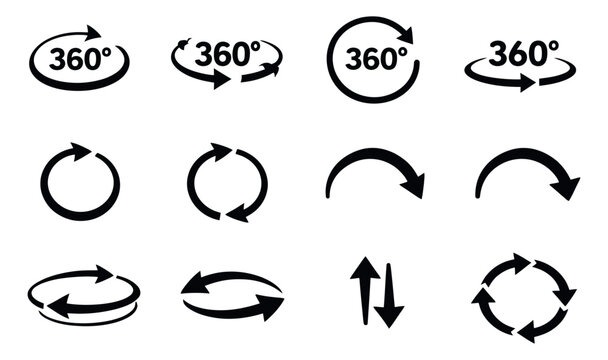 Simple icon set featuring rotation, refresh, and 360 degree arrows for web and user interface design