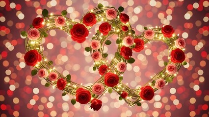 Obraz premium Romantic heart shaped floral arrangement with red roses and sparkling lights