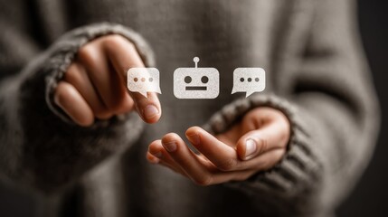 Hands engaging with digital chat bubbles representing communication with a chatbot in a modern setting
