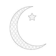 Crescent moon and star with geometric Arabic pattern, black and white sketch. Vector illustration. Ramadan holiday concept, isolated on white background. Abstract geometric ornament.