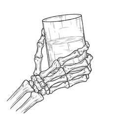 Skeleton's hand holding a glass of drink, black and white sketch. Vector illustration. Dead man's bony fingers are isolated on a white background. Suitable for various occasions, textile printing.