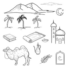 A collection of Islamic and Ramadan themes including camel, palm and desert, mosque, rosary and Quran. Vector illustration. Set of black and white silhouettes on a white background