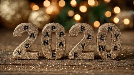 New year celebration with colorful glittery numbers 2026 and decorations on a table at a party in December