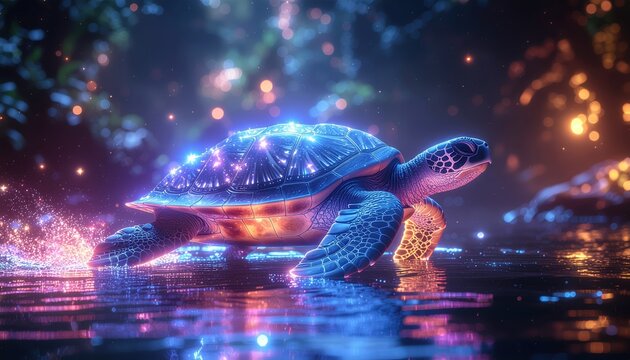 A majestic sea turtle with a glowing, sparkling shell swims through luminous water in a mystical forest at night.