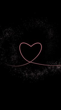 Gradually displaying red stroke heart with magic trail dust particles on black background. Symbol of love, concept for valentine's day, wedding, dating, birthday. Loop animation, vertical video.