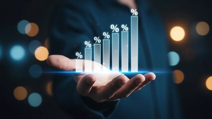 A hand holds a futuristic holographic bar chart showing growth.