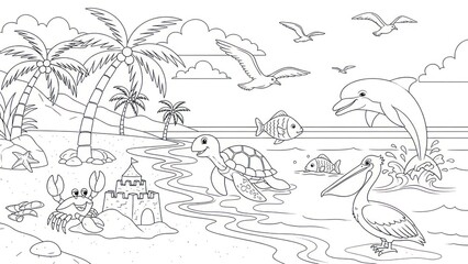 Black and white illustration of beach scene with marine animals and palm trees