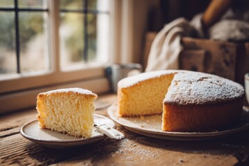 Classic sponge cake dessert displayed on a wooden surface, home baking scene