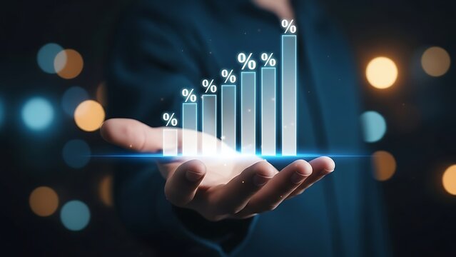 A hand holds a futuristic holographic bar chart showing growth. - Powered by Adobe