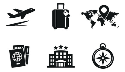Modern solid icon travel set featuring an airplane, luggage, world map, passports, a hotel, and a compass for vacation planning