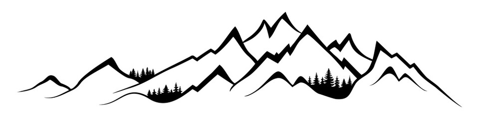 Stylized mountains and forest isolated on white background, minimalism, panoramic view, vector design