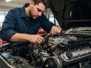 A focused, skilled male mechanic wearing a navy blue work shirt is using a wrench to repair a car engine in a well-lit auto repair shop with an open hood, showcasing dedication to their craf