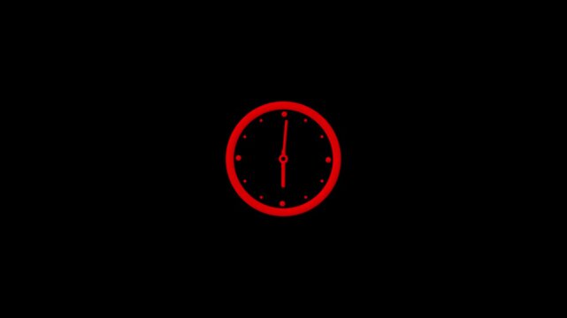 Red analog clock face with hands on a black background time dial