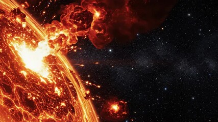 A breathtaking and cataclysmic cosmic event unfolds as a massive celestial body erupts in a spectacular fiery explosion casting brilliant orange and red light across the dark expanse of deep space il.