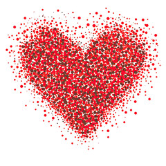 Close up full view of geometric abstract red heart pattern made of tiny dots modern romantic love design on transparent background