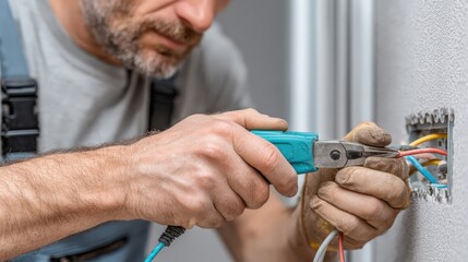 Electrician performs wiring repair in residential space using pliers during day time with focus on quality workmanship and attention to detail