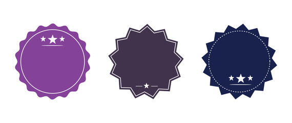 Premium star badges. Round scalloped quality seals. Purple and navy rating emblems. Branding packaging and trust design