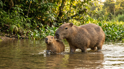 Capybara Mother Baby Water Vegetation Tropical