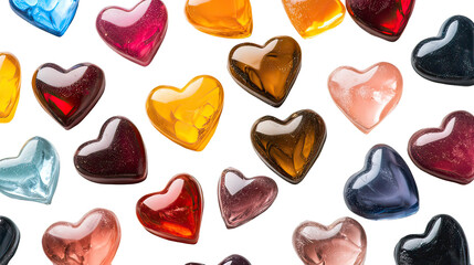 Close-up flat lay of heart-shaped caramel and hard candy assortment romantic valentines sweets on transparent background
