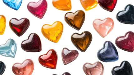 Close-up flat lay of heart-shaped caramel and hard candy assortment romantic valentines sweets on transparent background