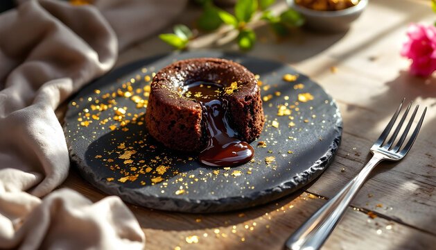 A slate plate with a single gourmet chocolate lava cake, gold leaf garnish, and a specialized plating tweezer nearby