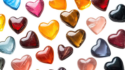 Close-up flat lay of heart-shaped caramel and hard candy assortment romantic valentines sweets on transparent background