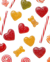 Close-up flat lay of heart-shaped gummy bears candy canes and assorted sweets romantic valentines candy display on transparent background