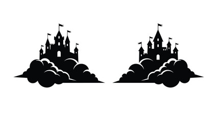 Two black silhouette castles rising from fluffy clouds a fairytale scene © SHM707k