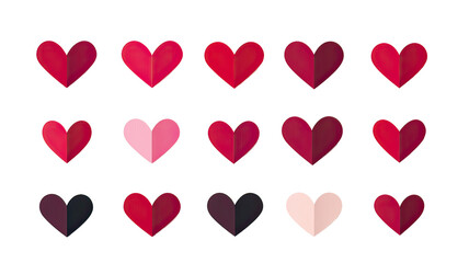 Collection of modern flat heart icons in multiple shades of red minimalist romantic love symbols on transparent background