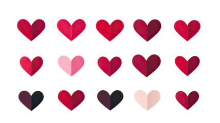 Collection of modern flat heart icons in multiple shades of red minimalist romantic love symbols on transparent background