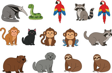 Fototapeta premium Cute cartoon animals vector set with jungle wildlife pets birds reptiles and mammals in friendly style