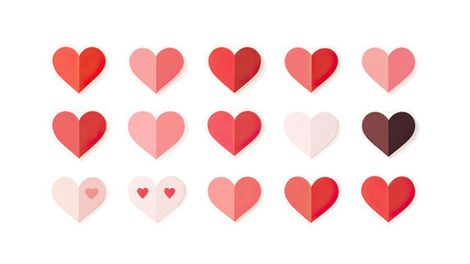 Collection of modern flat heart icons in multiple shades of red minimalist romantic love symbols on transparent background