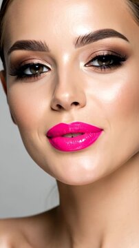 Close-up portrait of a fair-skinned woman with eyes closed, wearing brown eye shadow and bright pink lipstick, revealing teeth for a beauty advertisement