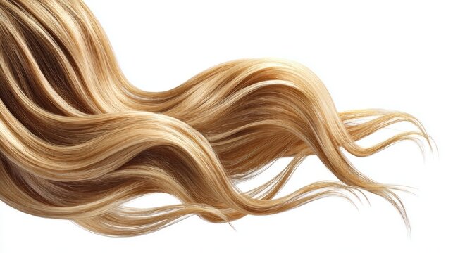 Long, flowing blonde hair strands with soft waves and natural highlights isolated on a white background, ideal for beauty and haircare product presentations or designs