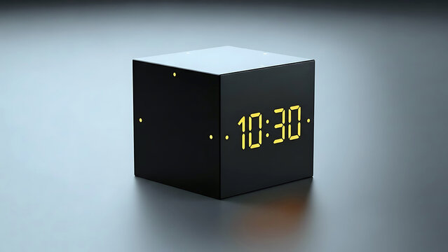Black digital cube clock displaying time ten thirty with yellow led lights on three visible sides on gray background