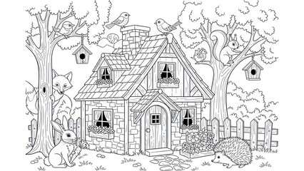 Obraz premium Charming cottage illustration with woodland animals in black and white outline