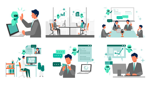 Remote work and online meetings with AI assistant support. Flat illustration set of business collaboration from office and home with automated summaries and documentation.