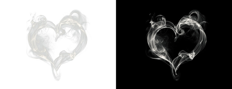 Split illustration with transparent PNG and black background showing a lush gray smoke cloud in the shape of a heart.