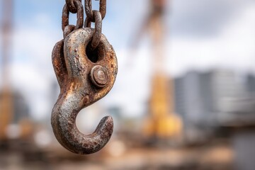 Heavy rusty crane hook and chains hanging against a blurred construction site. Lifting power symbol.