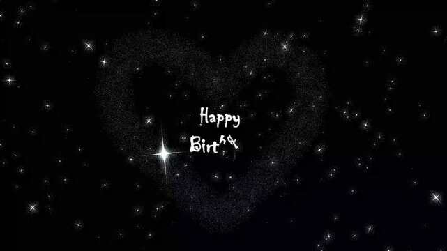 Happy Birthday, funny doodle pop up animation, happy birthday card with glitter particles on black screen background, celebration with balloons, cake, presents for joyful event. 4k animation