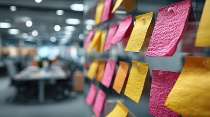 Team members focus on project ideas using sticky notes during a brainstorming session in a modern office space at a collaborative workspace