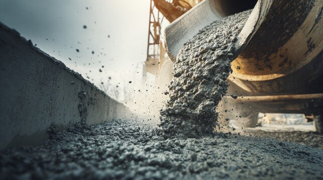 Low angle view of liquid concrete pouring out of a mixer truck chute. Raw construction material texture.