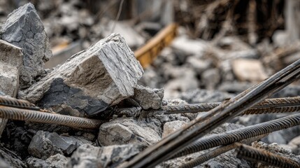 Pile of smashed concrete rubble and twisted rebar. Demolition and destruction texture background.