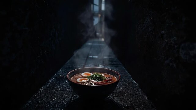 moody cinematic photograph of a rich bowl of Japanese ramen soup filled with noodles, scallions, and two halves of a soft boiled egg