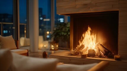 Fototapeta premium Fireplace scene in modern home interior, minimal decor and soft lighting, warm fire acting as focal point for relaxation and balance. cinematic color correction, natural uneven lighting yet gentle